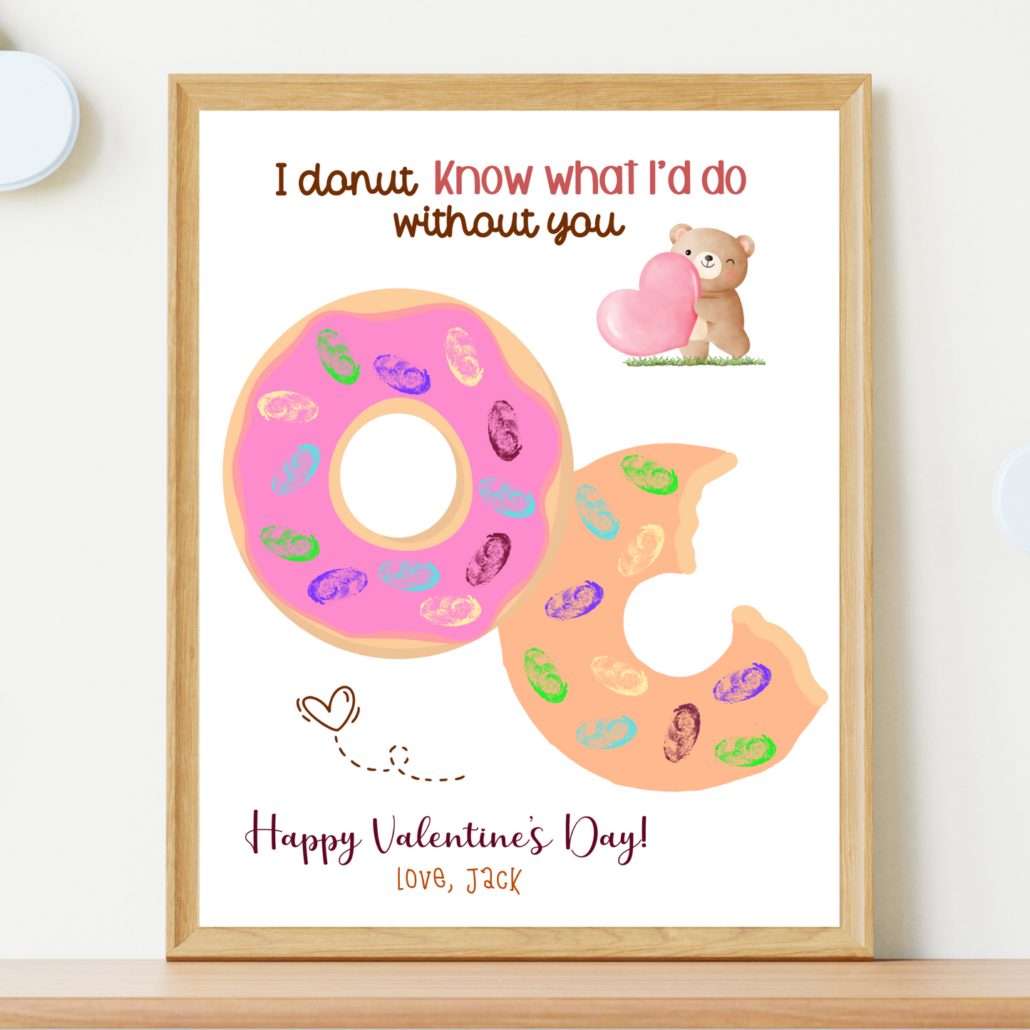 Valentines Fingerprint Holiday Crafts Printable, DIY Donut Art for Kids Baby Toddler Activity Keepsake