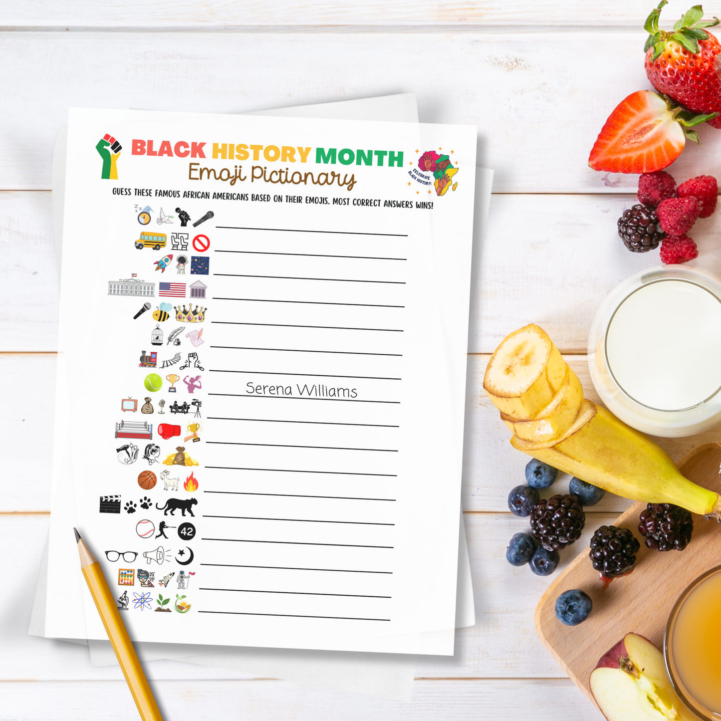 Black History Month Emoji Pictionary Game Printable, Historical African American Celebration Party Activity for Adults & Kids