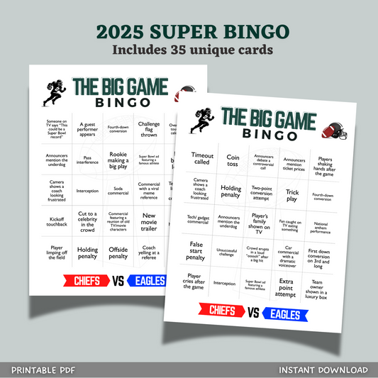 2025 Big Game Football Bingo Printable Super Bowl Sunday Family Watch Party Tailgate Activity LIX 59 Kansas City Philadelphia