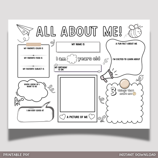 All About Me Coloring Page Printable, First Day of School Activity For Kids Fill In Template
