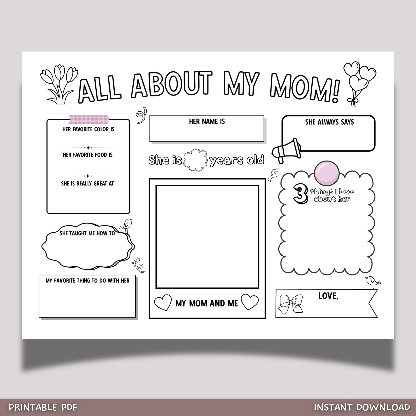 All About My Mom Survey Printable, Mothers Day Card Questionnaire Gift Ideas Personalized Keepsake