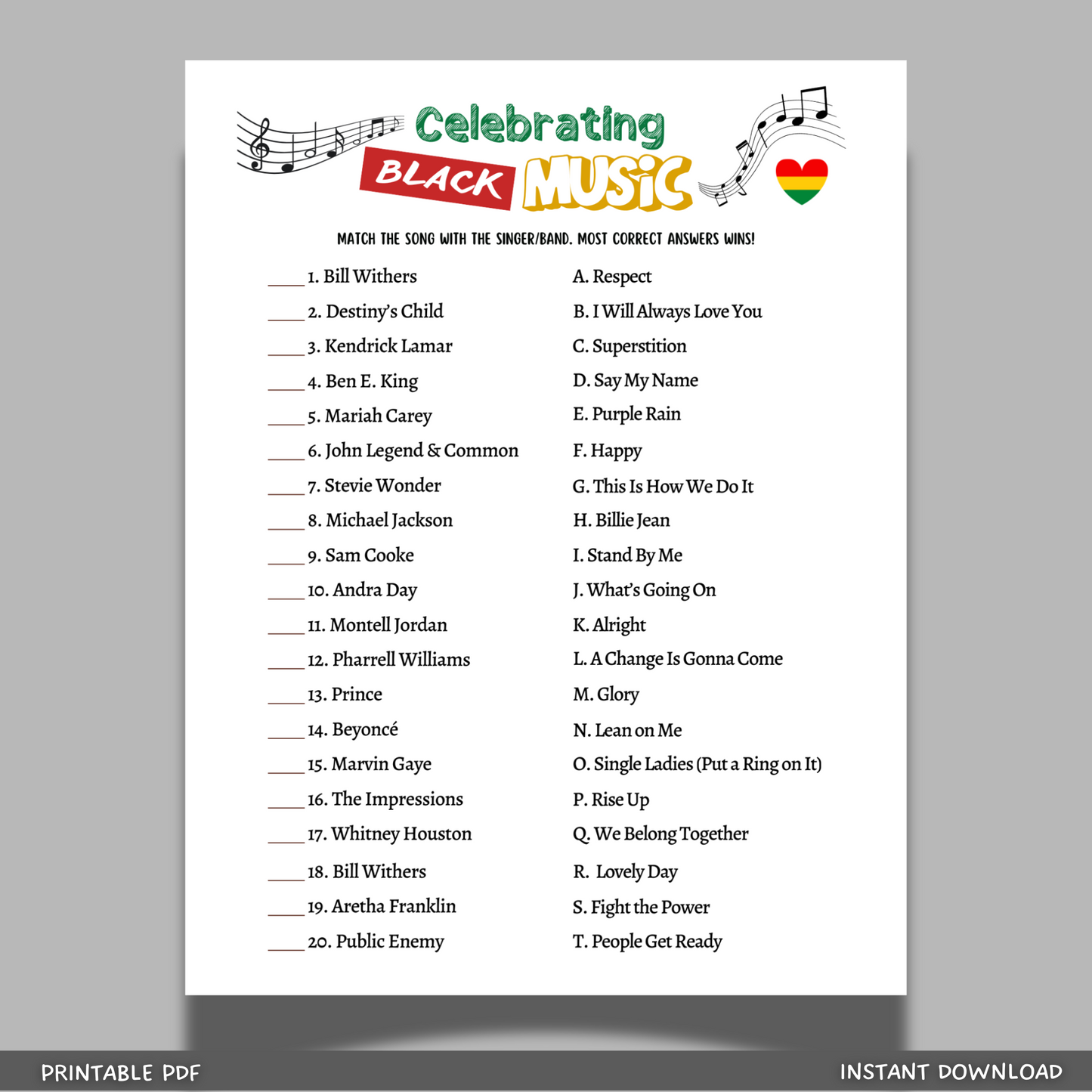 Black History Month Music Trivia Game Printable Historical African American Celebration Party Fun Activity for Adults Kids Seniors Classroom