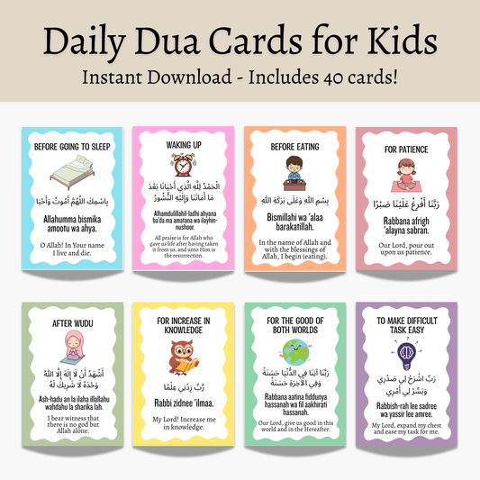 40 Kids Daily Dua Islamic Cards Printable