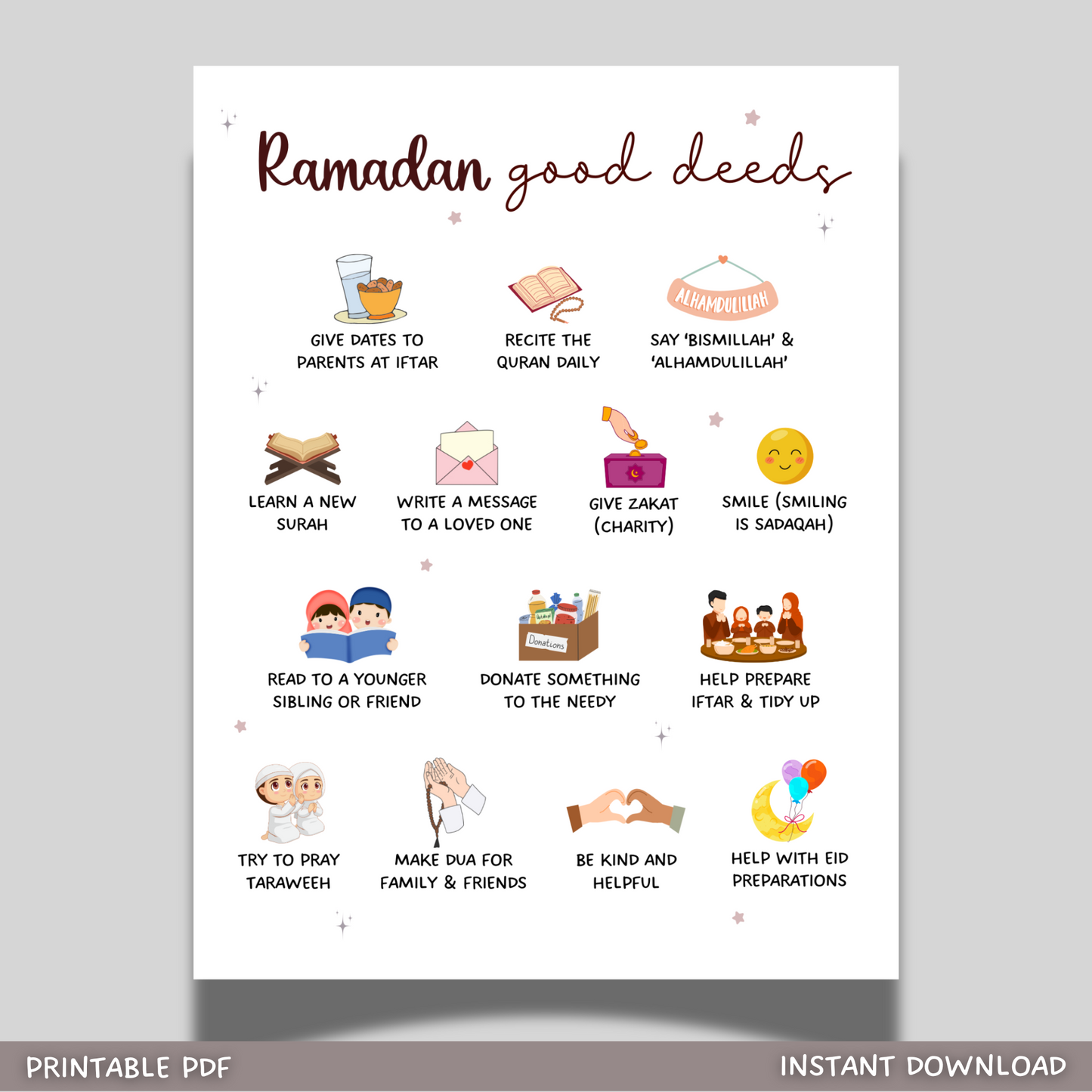 Ramadan Good Deeds Poster Printable, Islamic Wall Art Educational Chart Nursery Home Decor Children Kids Activity Gift Digital Download