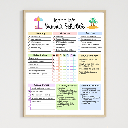 Editable Summer Planner Checklist for Kids Printable Chore Chart Schedule