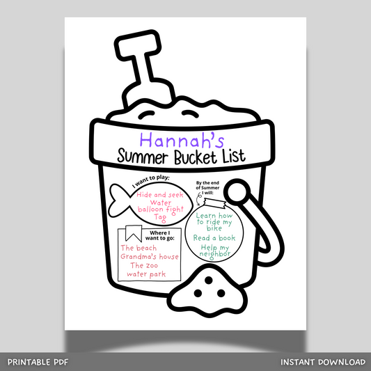 Summer Bucket List Craft for Kids Printable, End of School Year Coloring Page
