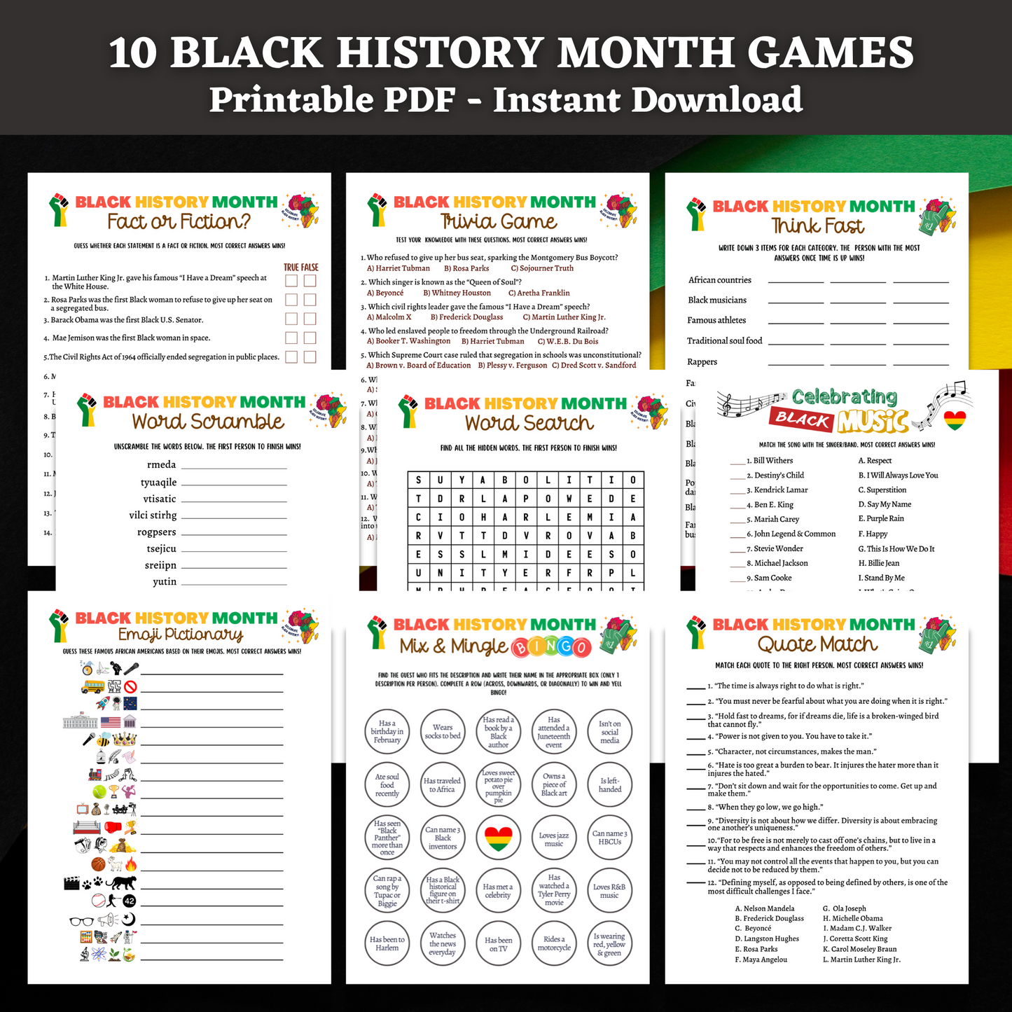 Black History Month Games Printable, Historical African American Celebration Trivia Quiz Party Activity for Adults Kids Senior