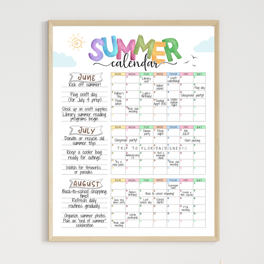 Summer Calendar Poster Printable, 2025 Bucket List Checklist Family Planner