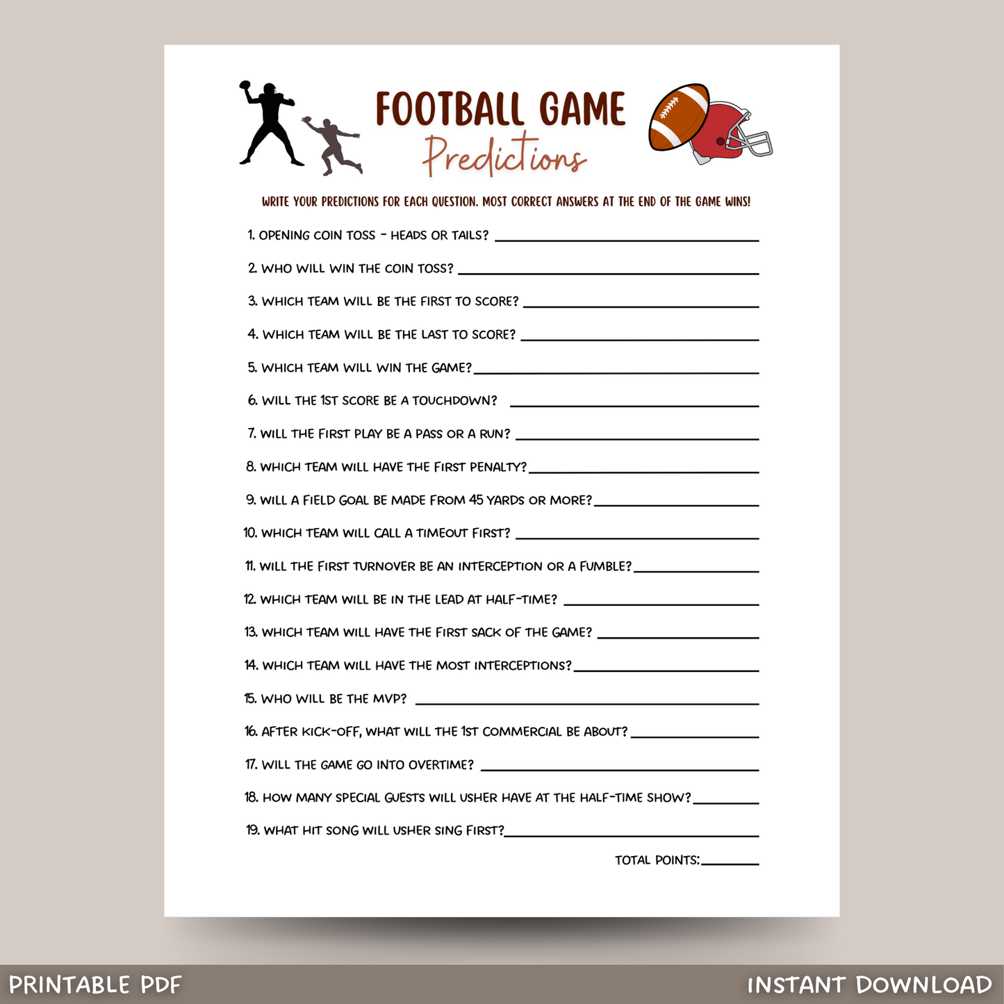 2024 Super Bowl Sunday Football Predictions Game Printable for Adults