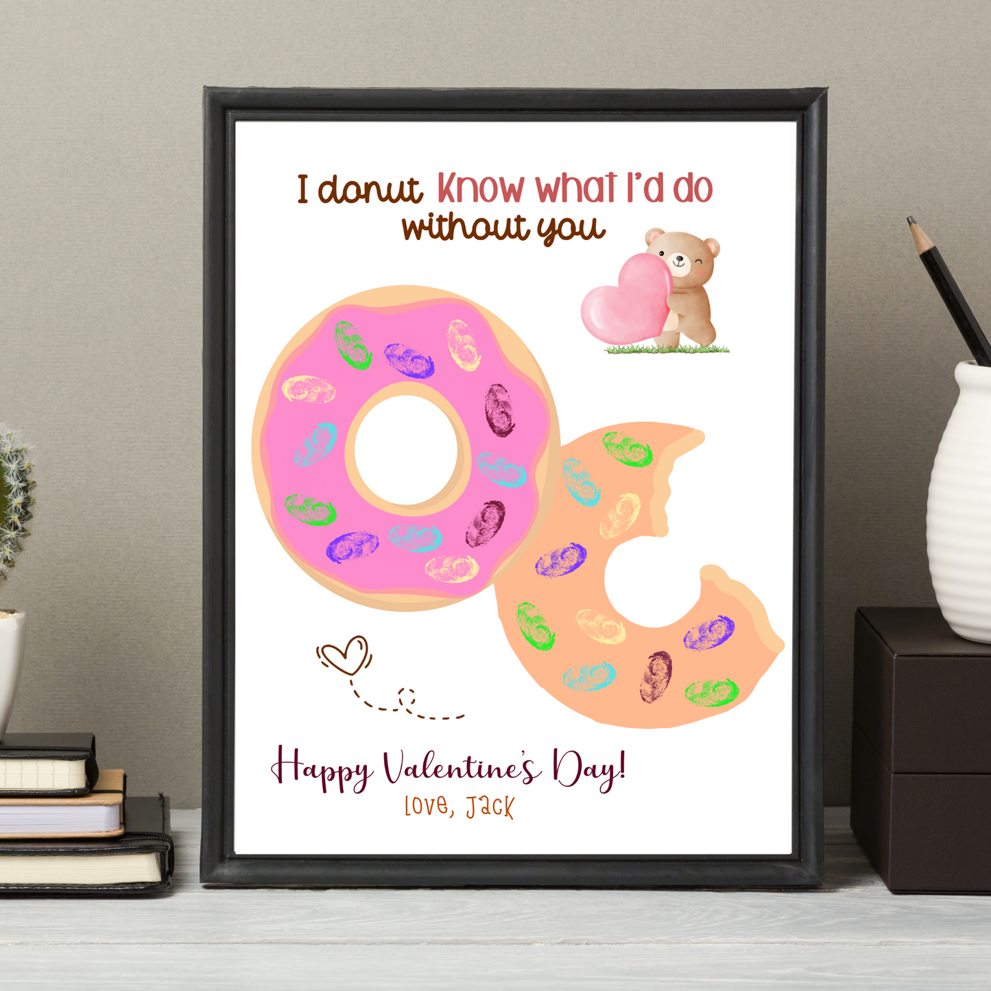 Valentines Fingerprint Holiday Crafts Printable, DIY Donut Art for Kids Baby Toddler Activity Keepsake