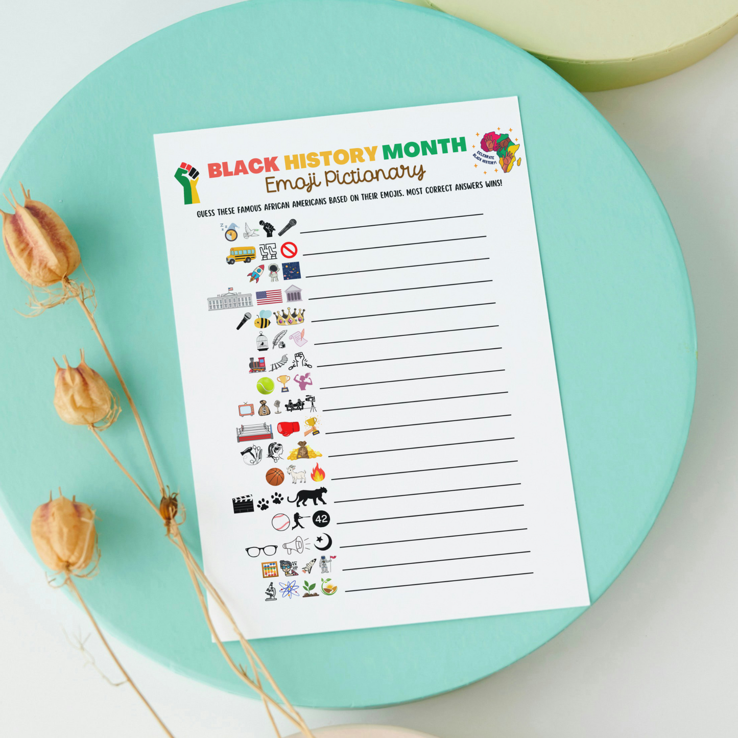 Black History Month Emoji Pictionary Game Printable, Historical African American Celebration Party Activity for Adults & Kids