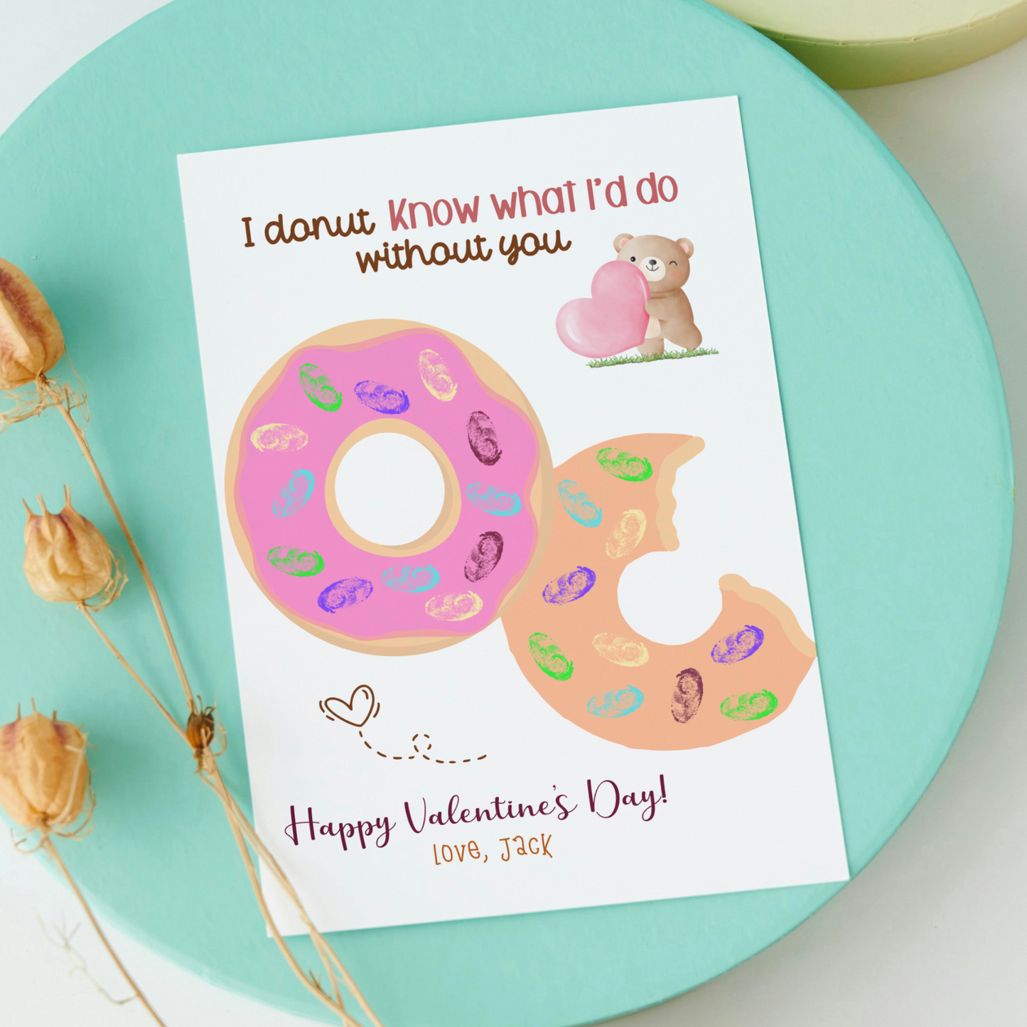 Valentines Fingerprint Holiday Crafts Printable, DIY Donut Art for Kids Baby Toddler Activity Keepsake