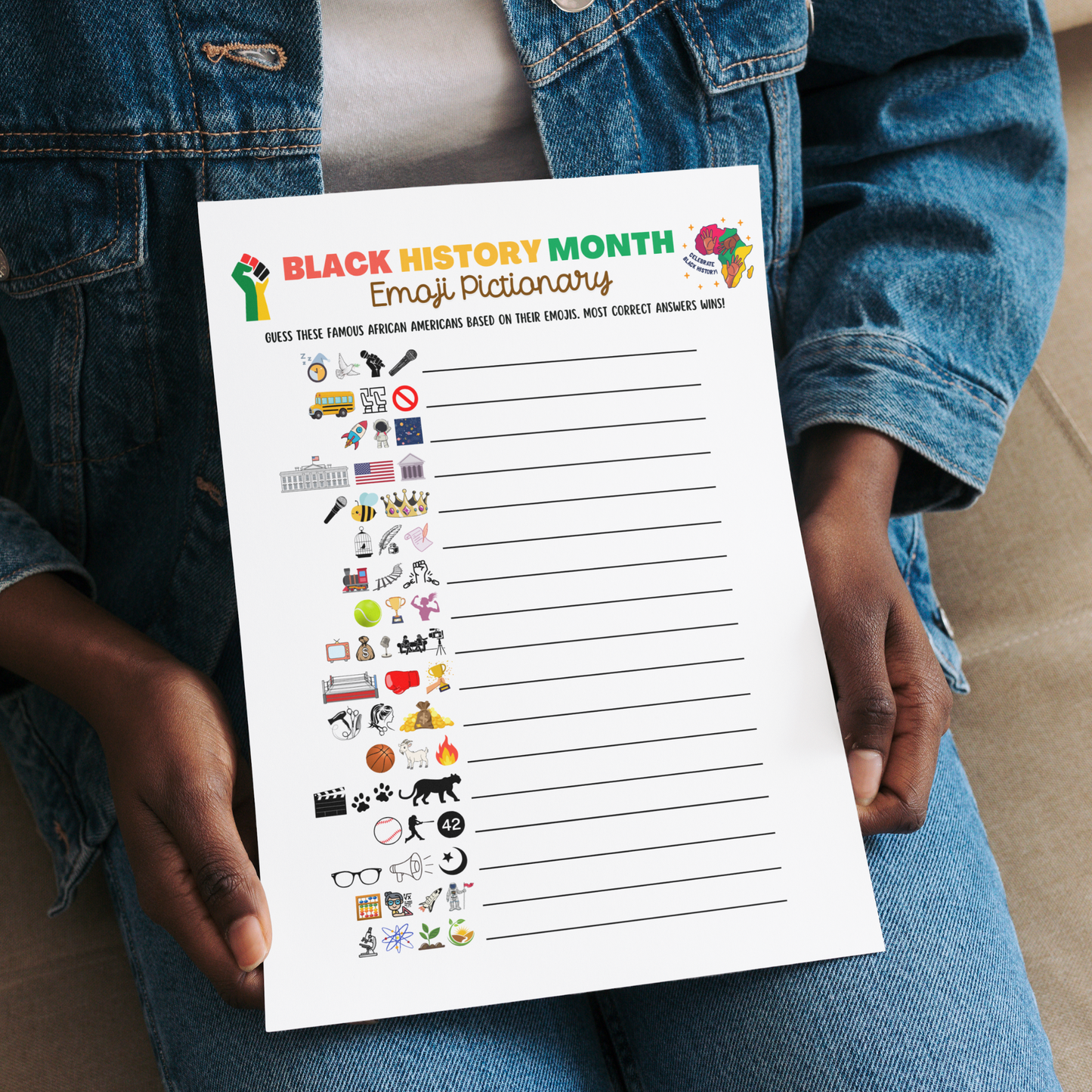 Black History Month Emoji Pictionary Game Printable, Historical African American Celebration Party Activity for Adults & Kids