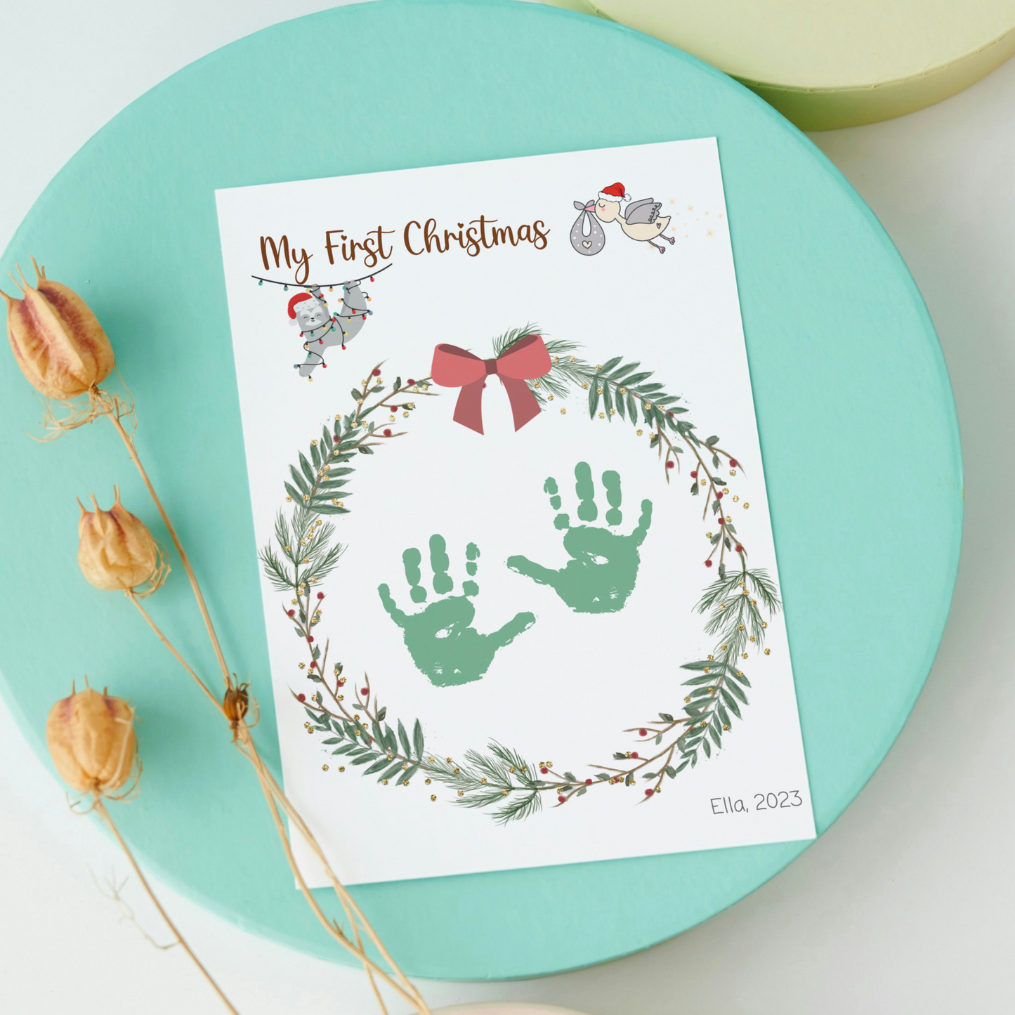 First Christmas Handprint Footprint Craft Printable, DIY Holiday Art Activity Newborn Baby Kids Children Memory Keepsake Grandparents Gift