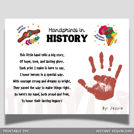 Black History Month Handprint Craft Printable, DIY Poem Art Kids Activity Keepsake