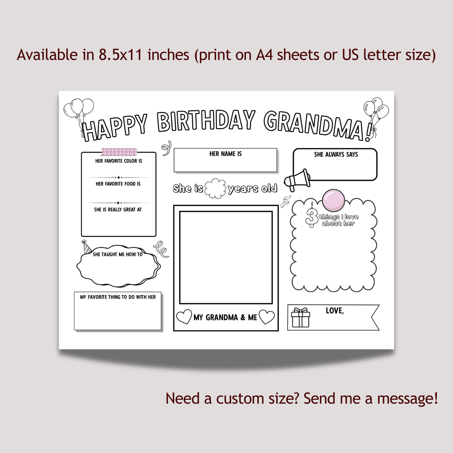 Happy Birthday Grandma Coloring Page Printable, DIY Personalized Gift from Kids All About Grandmother Card Activity Questionnaire