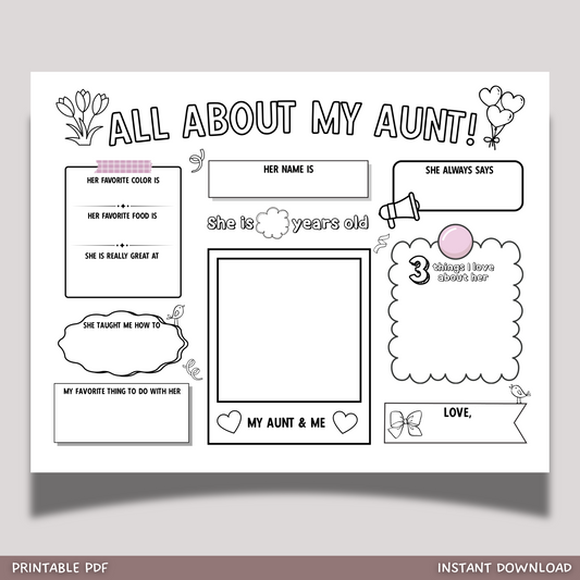 All About My Aunt Survey Printable, DIY Gift for Auntie Aunty Birthday Card from Kids
