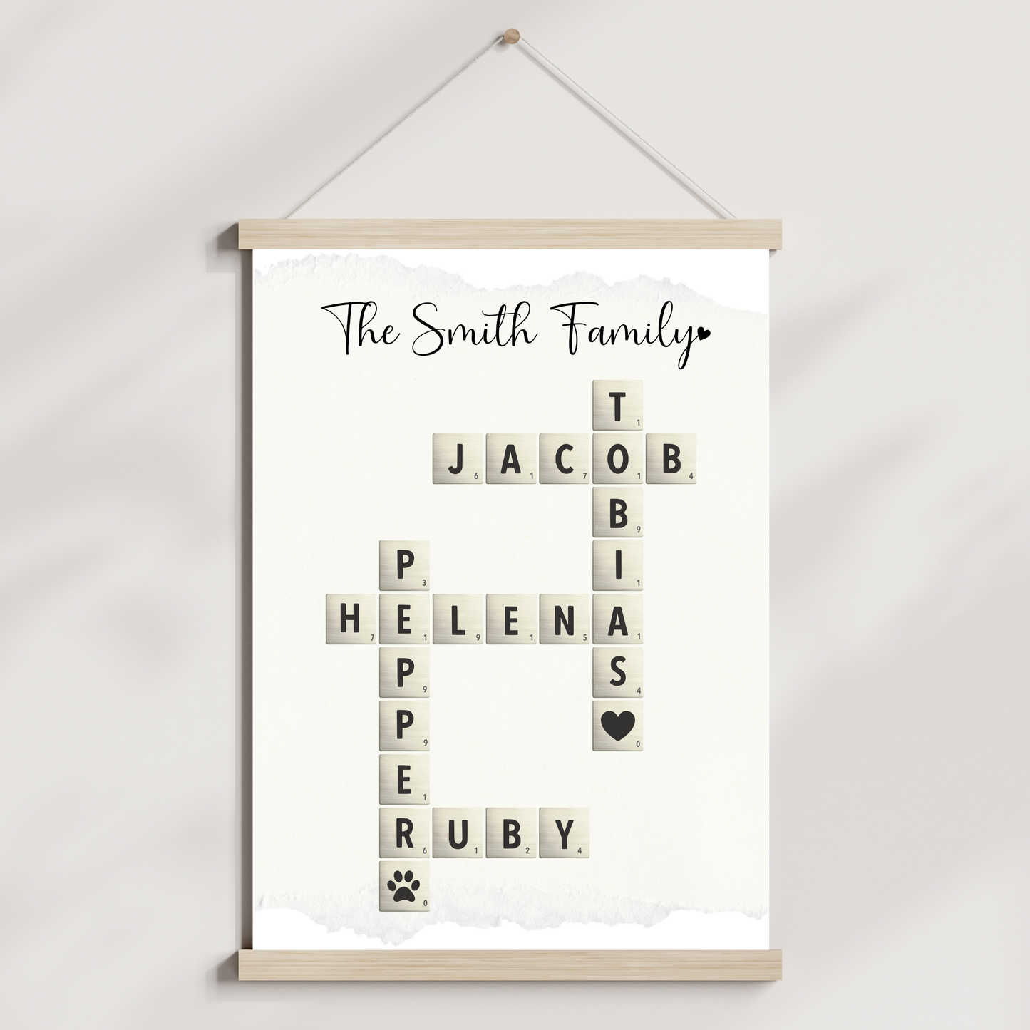 Personalized Family Name Poster Printable, Custom Crossword Sign Scrabble Letter Wall Art Gift