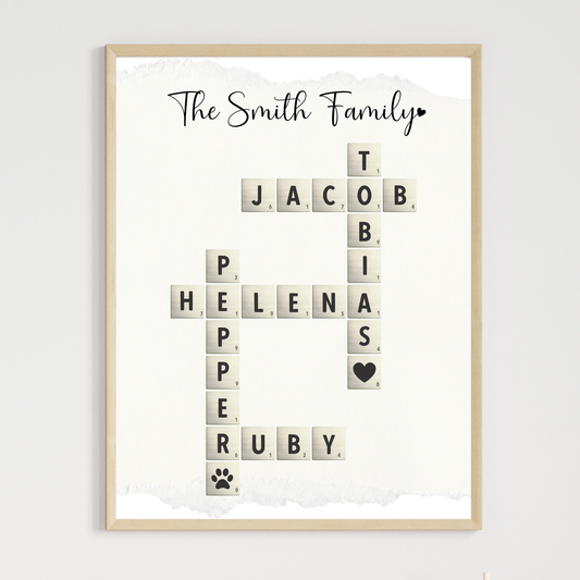 Personalized Family Name Poster Printable, Custom Crossword Sign Scrabble Letter Wall Art Gift