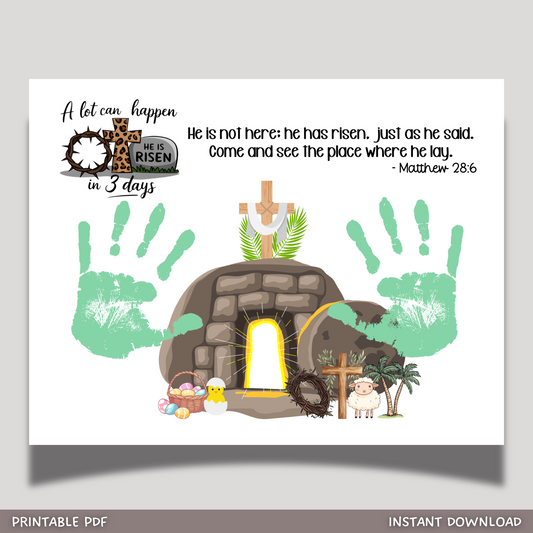 He Is Risen Christian Easter Handprint Craft Printable Jesus DIY Art for Kids Sunday School Preschool Toddler Activity