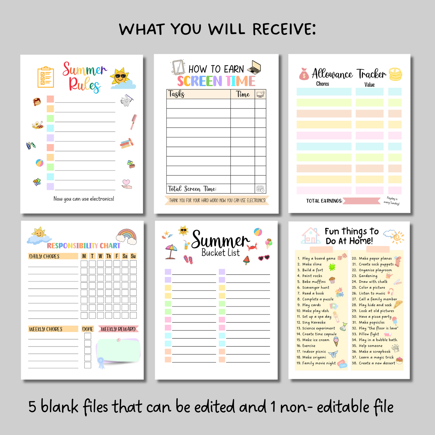 Editable Summer Planner Bundle, Printable Chore Charts & Checklists For Kids