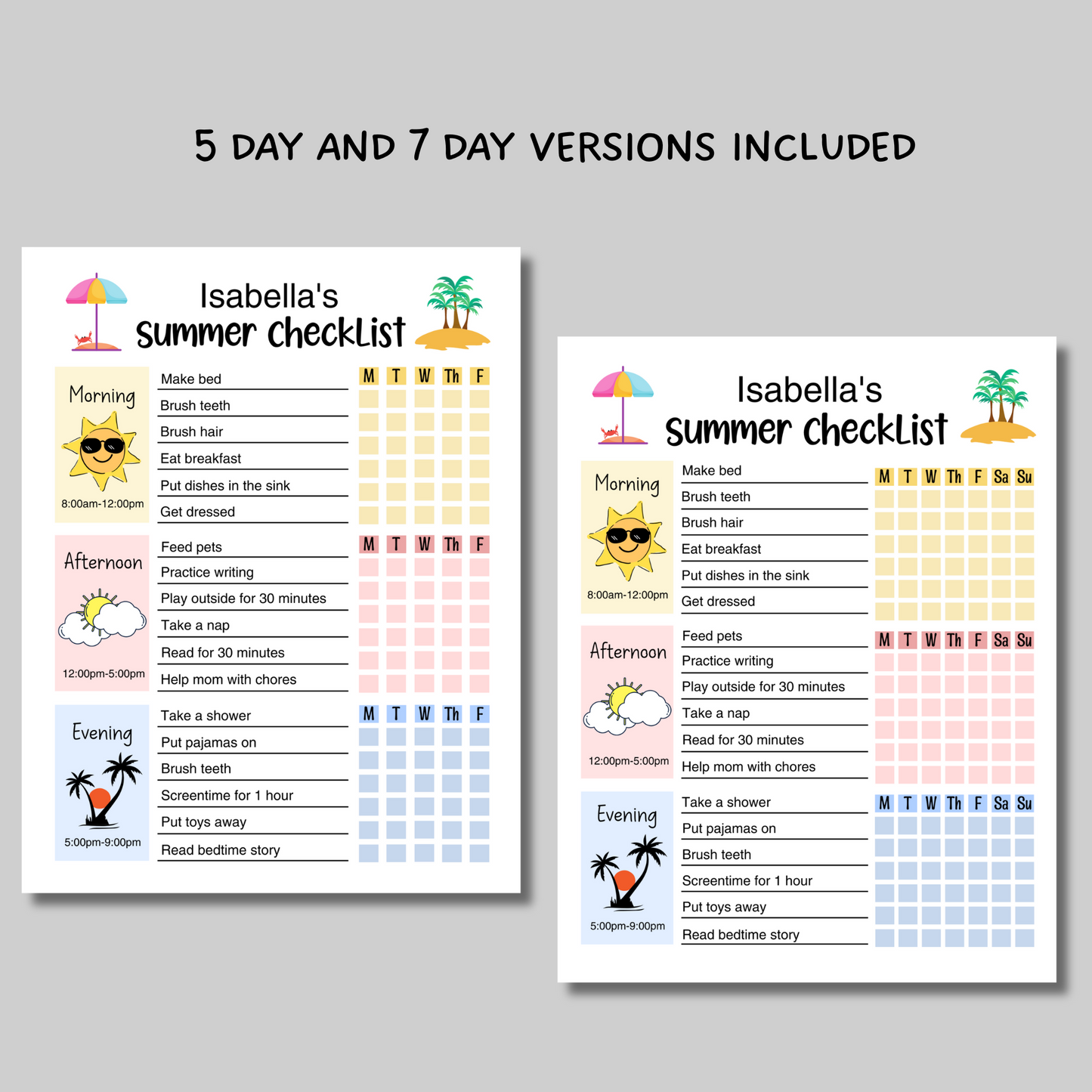 Kids Summer Daily Checklist Schedule Printable, Editable Chore Chart