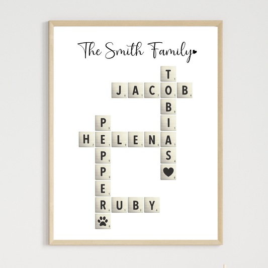 Personalized Family Name Sign Printable, Crossword Scrabble Letter for Wife Mom Grandma Gift