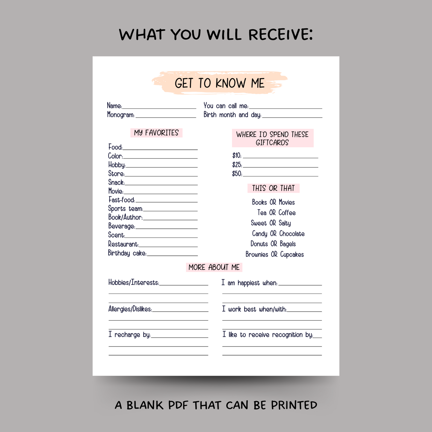 Coworker Questions Printable, All About Me Employee Survey