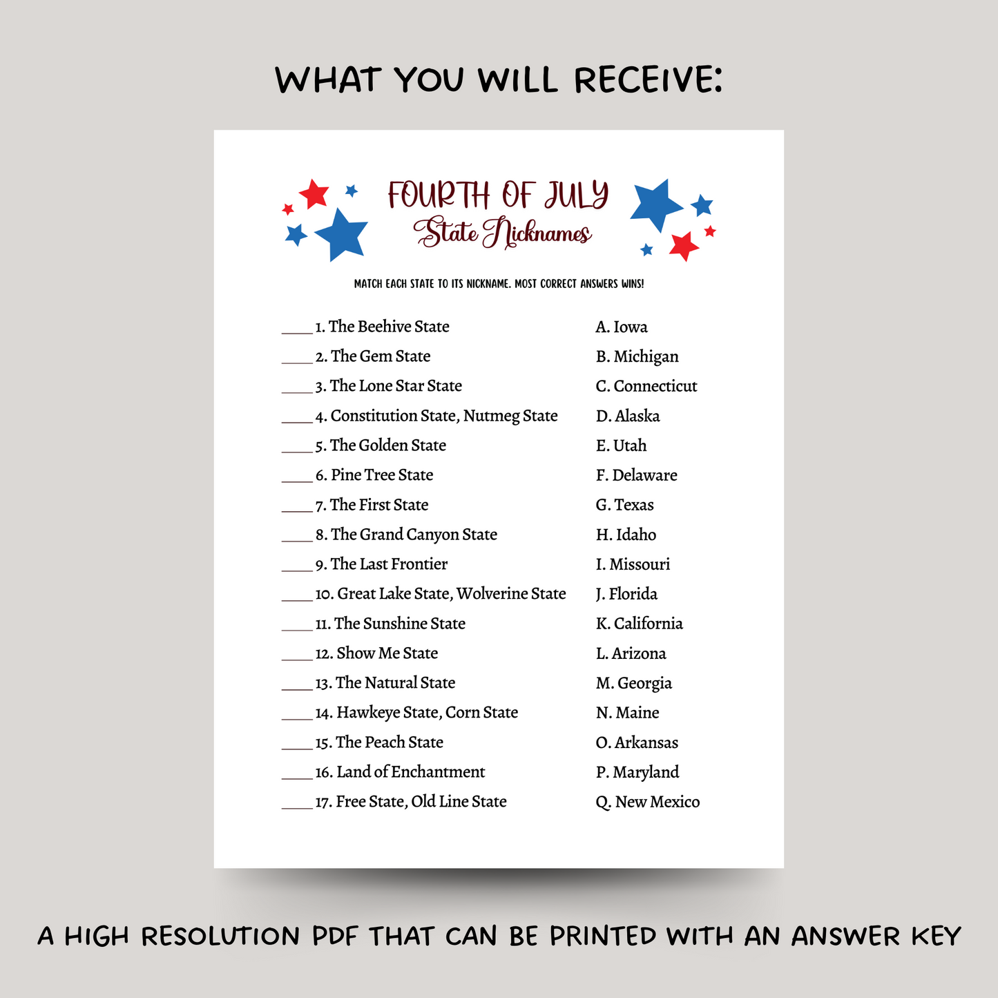 July 4th State Nicknames Game Printable, Family Trivia Activity Adults & Kids