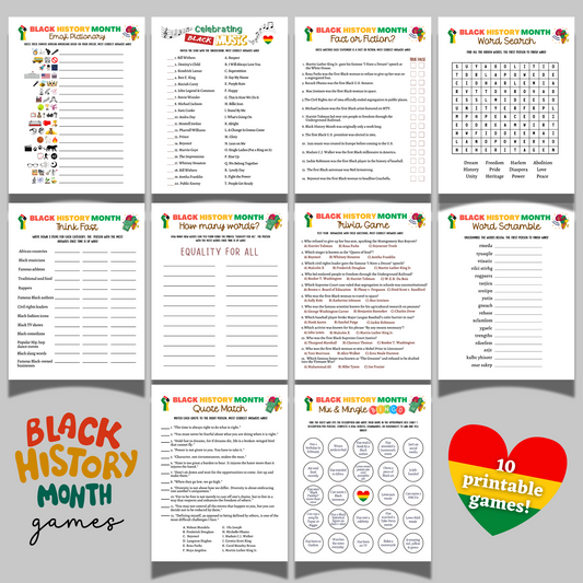 Black History Month Games Printable, African American Historical Celebration Trivia Quiz Party Activity