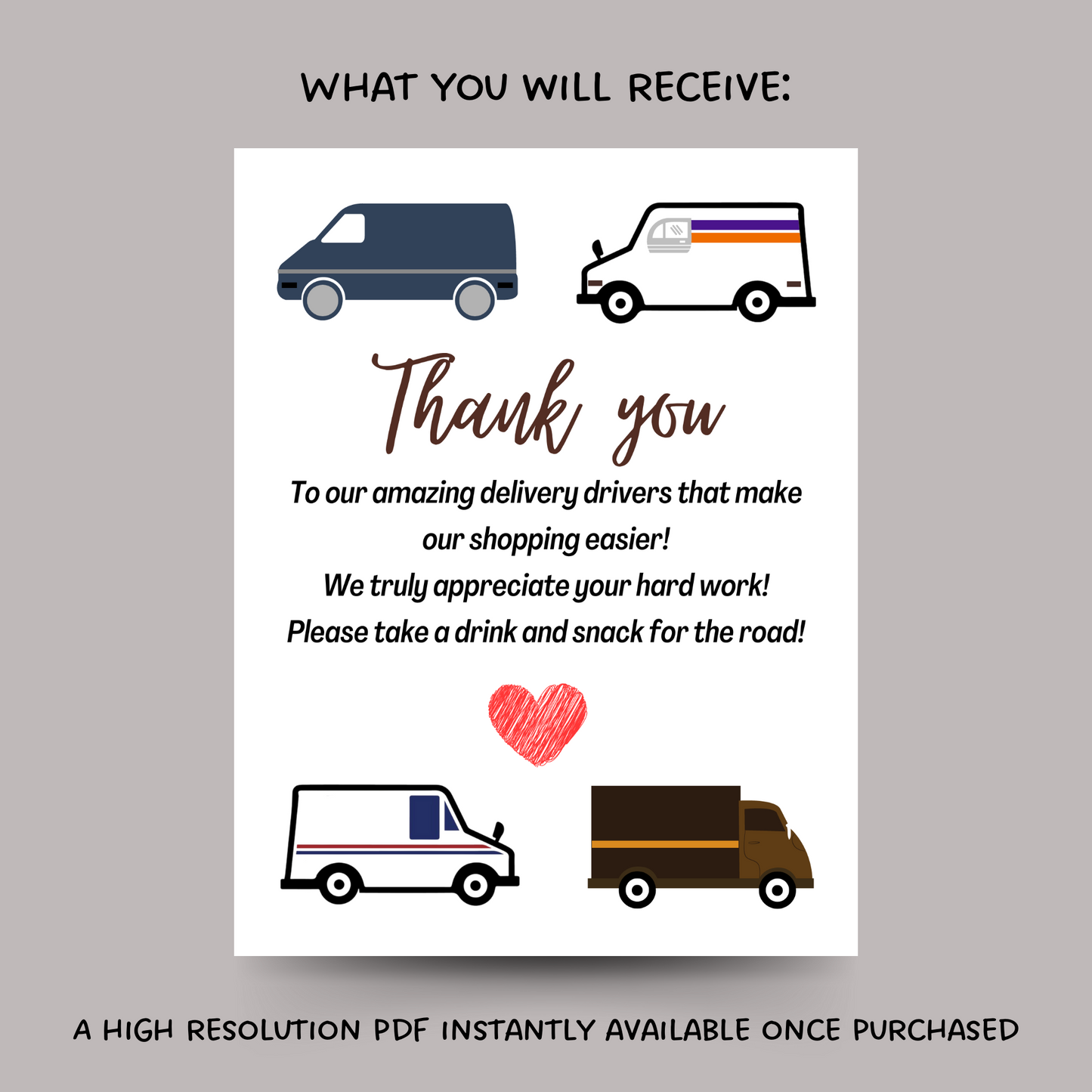 Delivery Driver Appreciation Printable Thank You Snack & Drink Sign