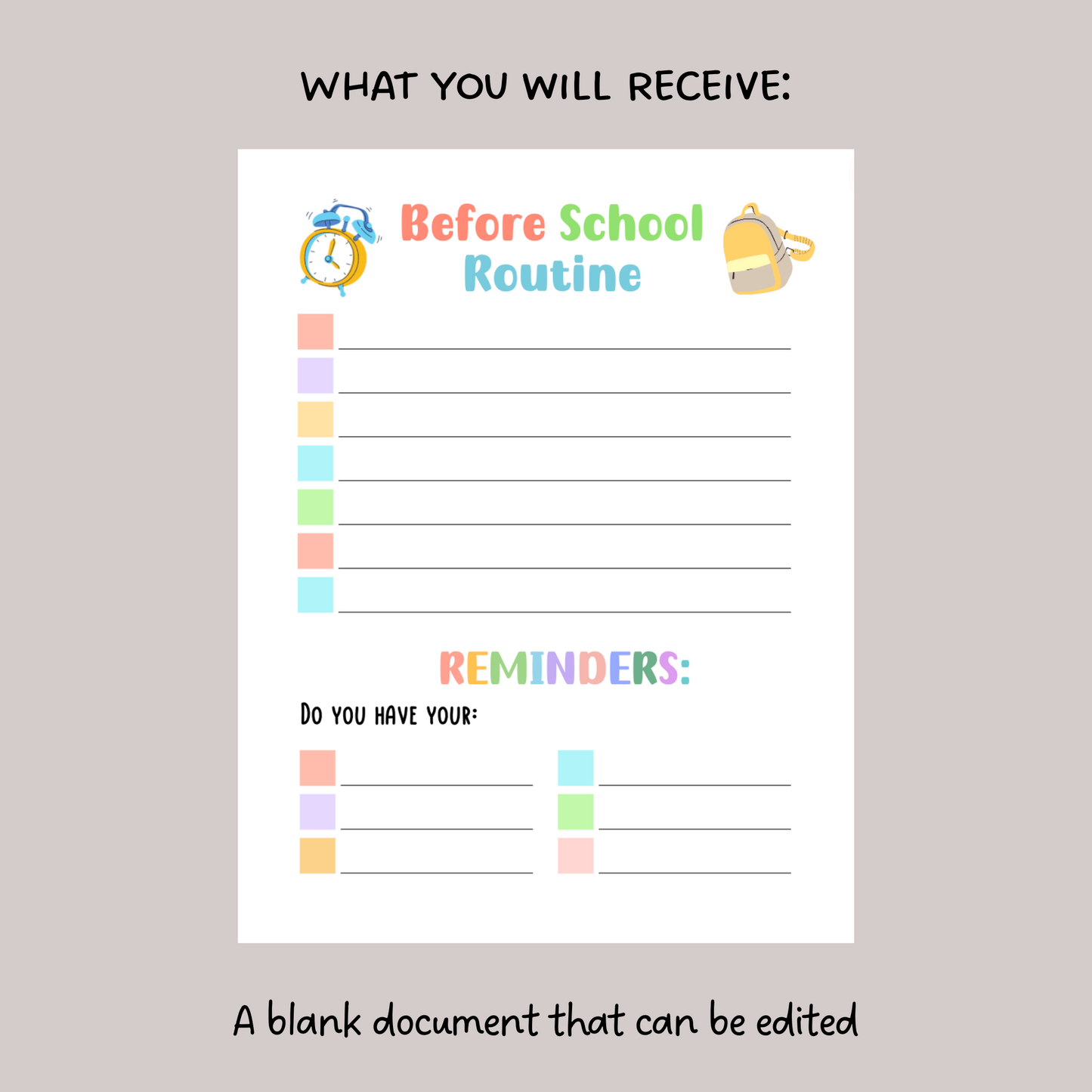 Printable Before School Checklist, Editable Morning Reminders for Kids