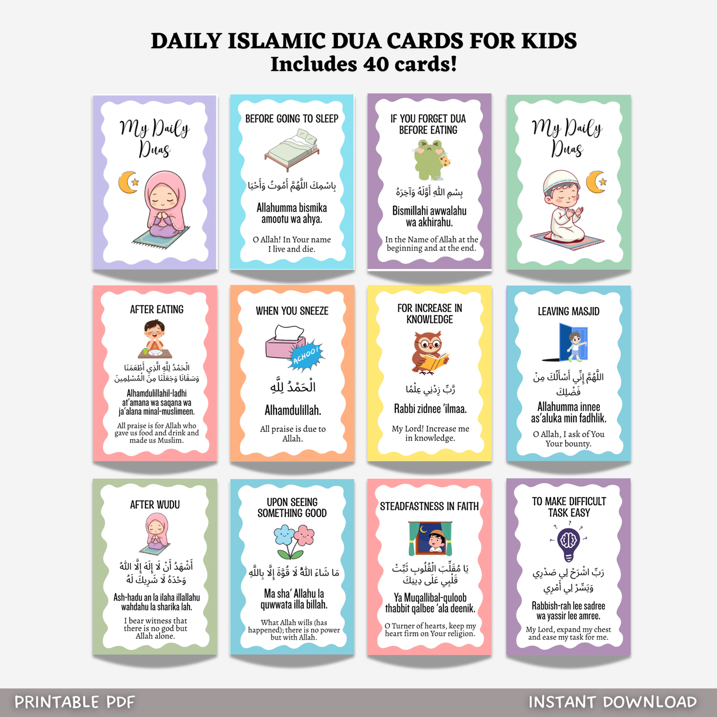 Islamic Dua Flashcards for Kids Daily Prayer Printable