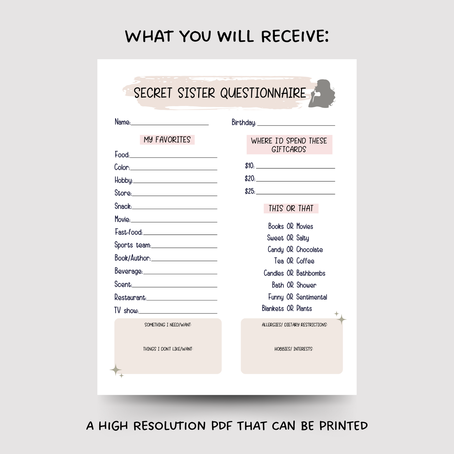 Secret Sister Questionnaire Printable, All About Me Survey