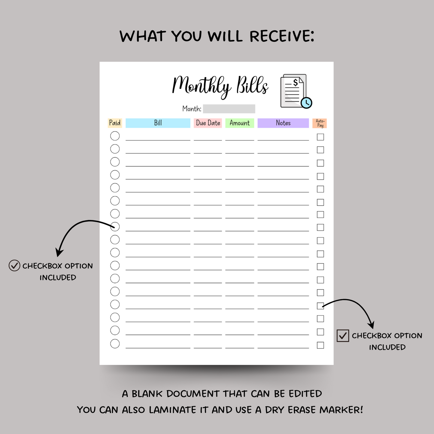 Editable Monthly Bill Tracker, Monthly Bill Log, Payment Checklist Organizer