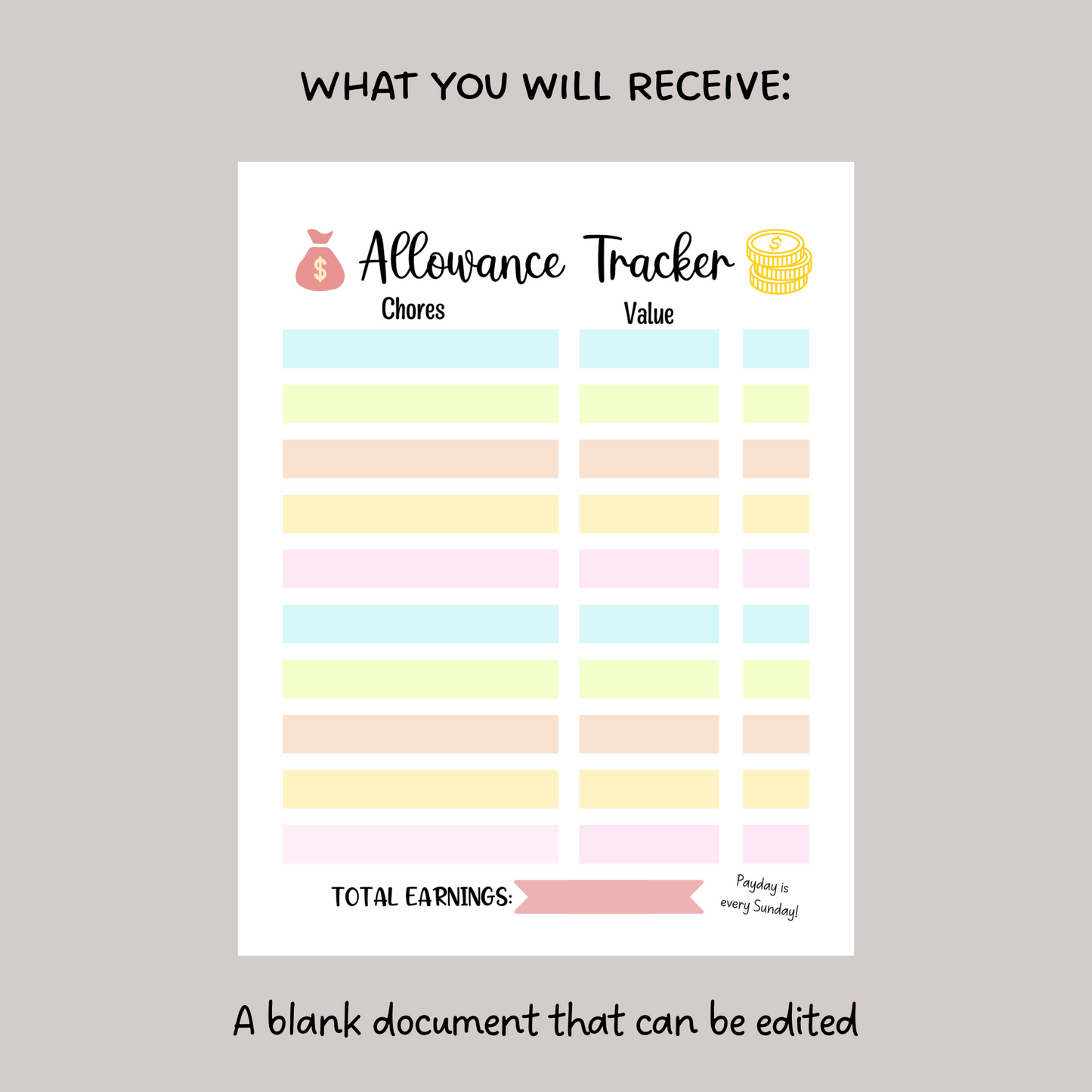 Editable Allowance Chart For Kids, Printable Chore Chart