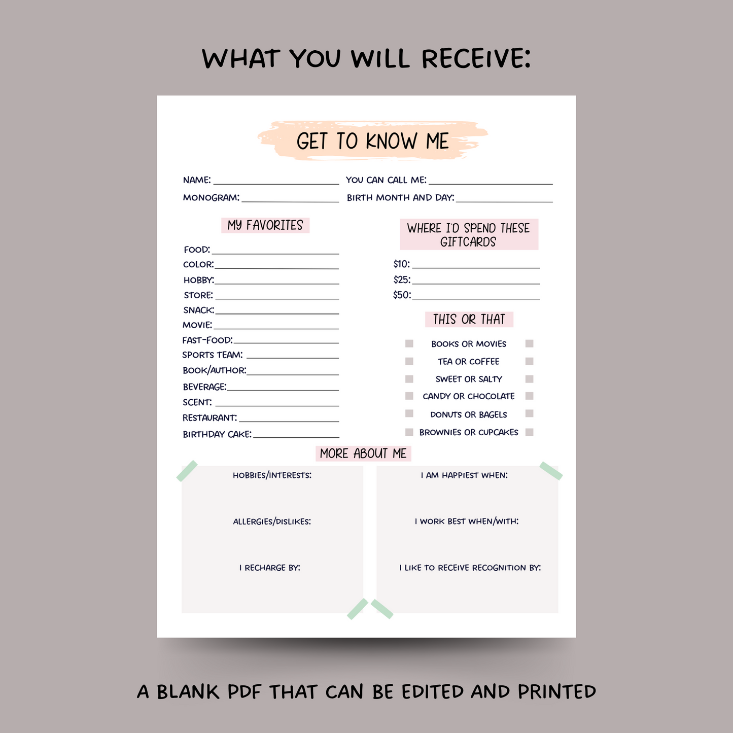 Editable Coworker Questions, Printable All About Me Employee Questionnaire