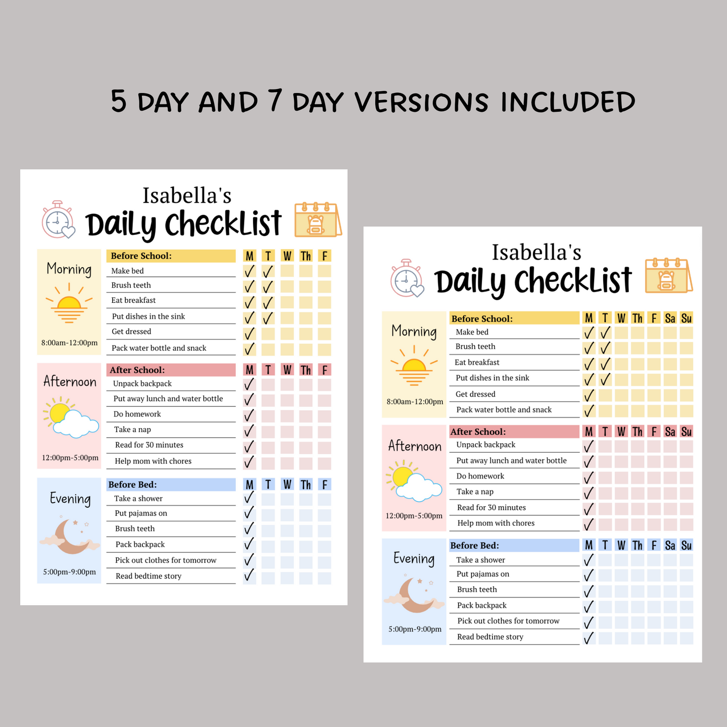 Kids Daily School Checklist Schedule Printable, Editable Chore Chart