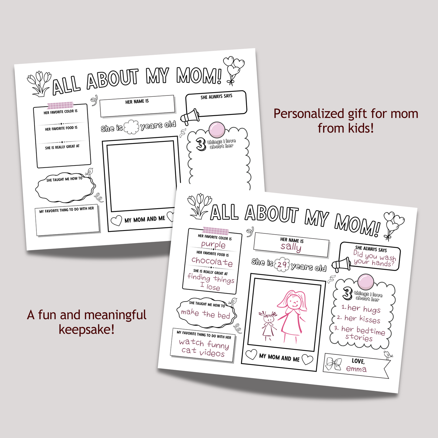 All About My Mom Survey Printable, Mothers Day Card Questionnaire Gift Ideas Personalized Keepsake