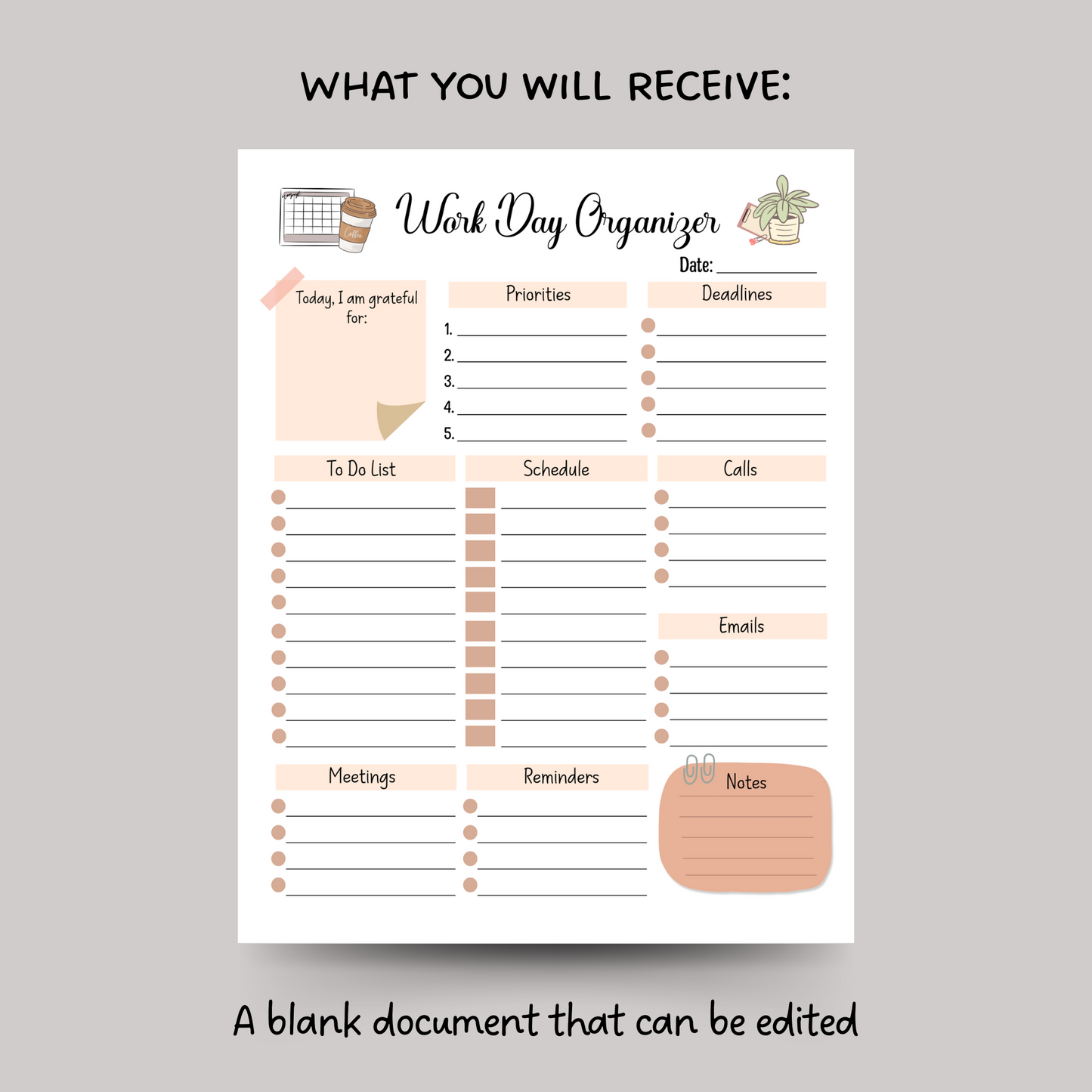 Work Day Organizer Editable Fillable, Printable Daily Digital Planner