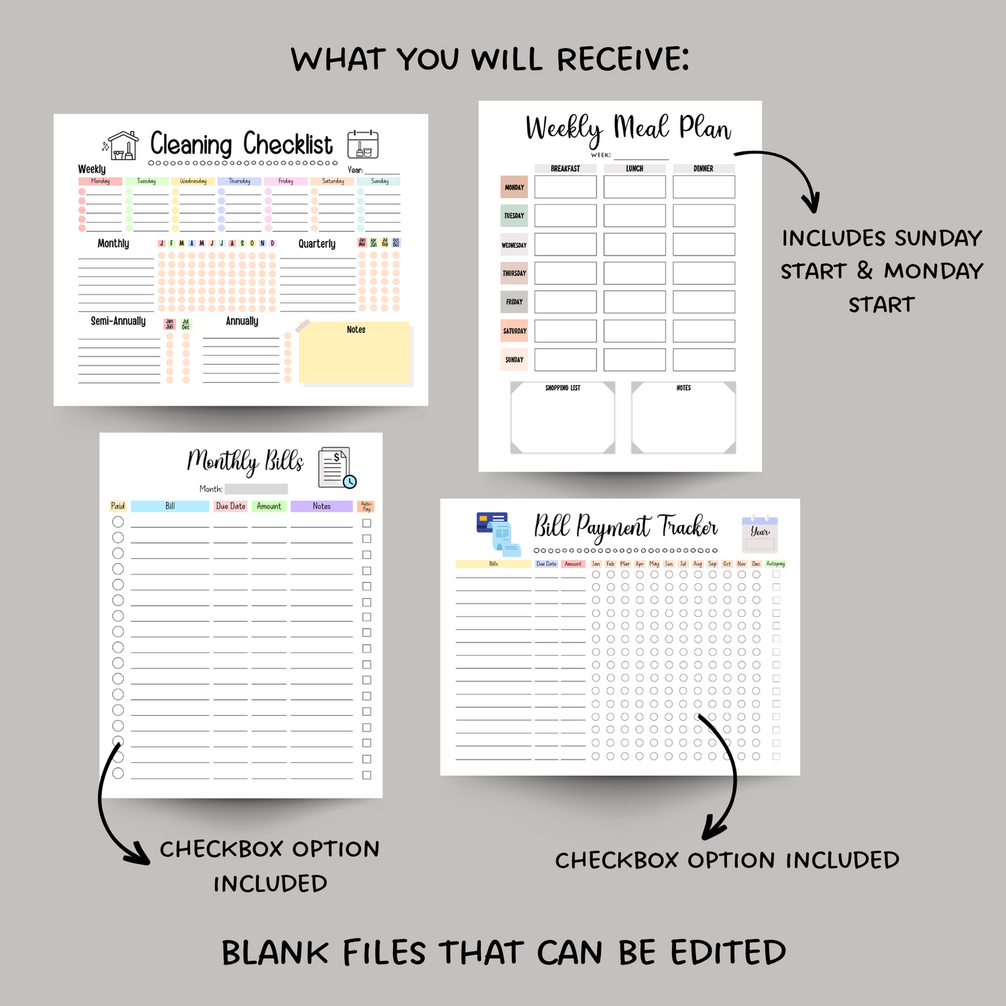 Household Planner Printable, Cleaning Checklist, Meal Planner, Bill Tracker