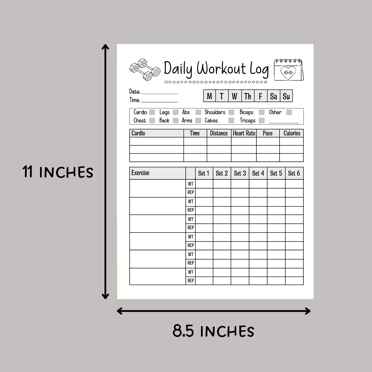 Daily Workout Log Printable Exercise Planner, Gym Training Tracker