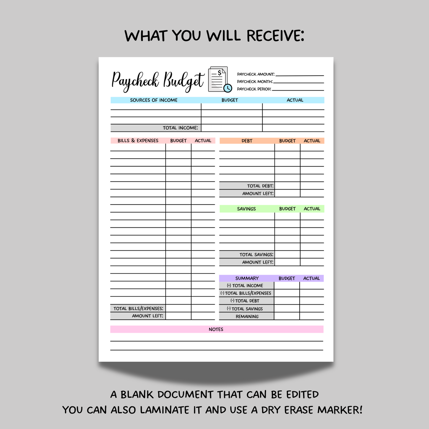 Paycheck Budget Overview Planner Printable, Minimalist Biweekly Budget Tracker Template