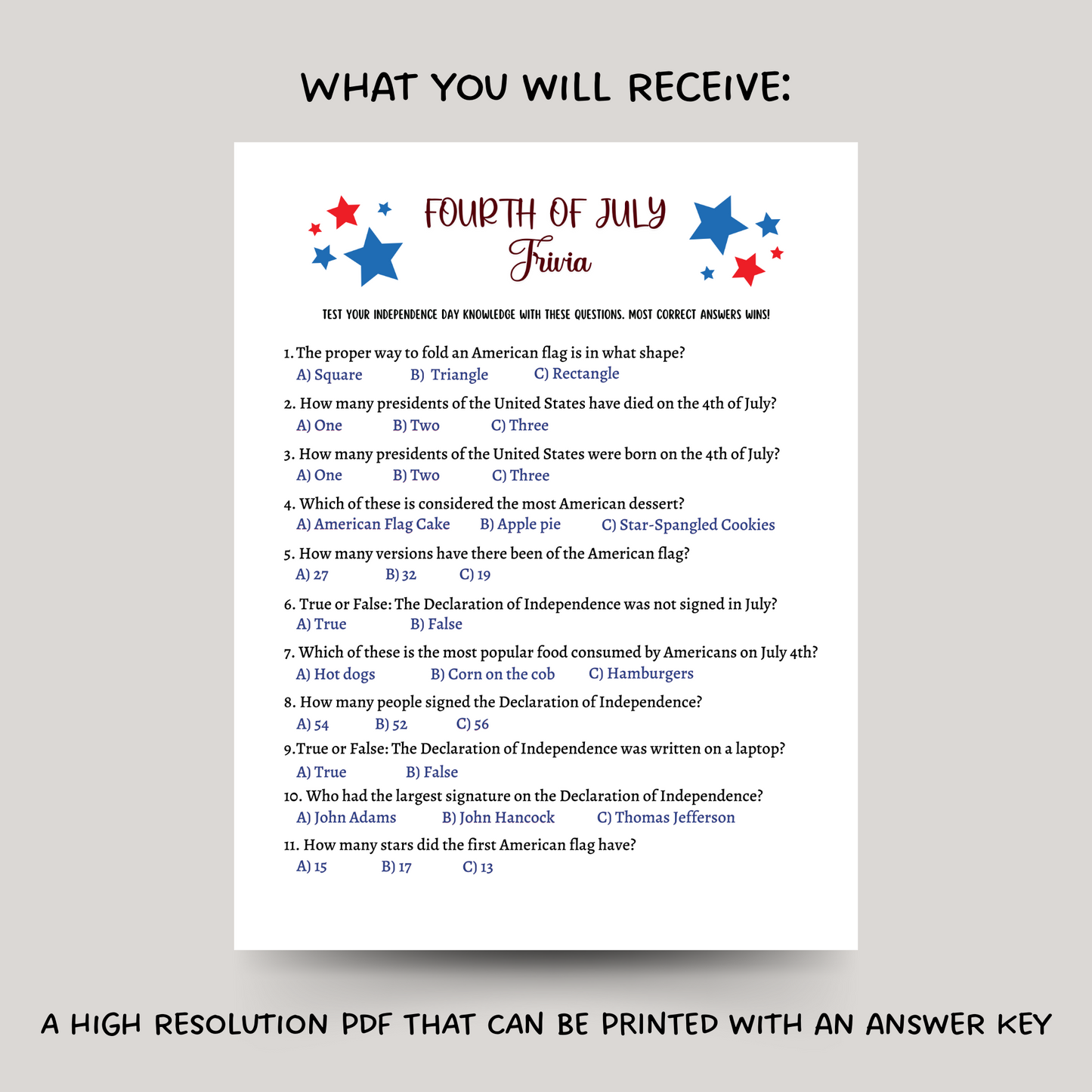 July 4th Trivia Game Printable, Family Activity Adults & Kids