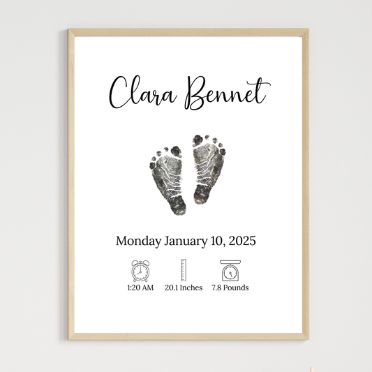 Personalized Baby Birth Announcement Printable, Newborn Footprint DIY Nursery Wall Art