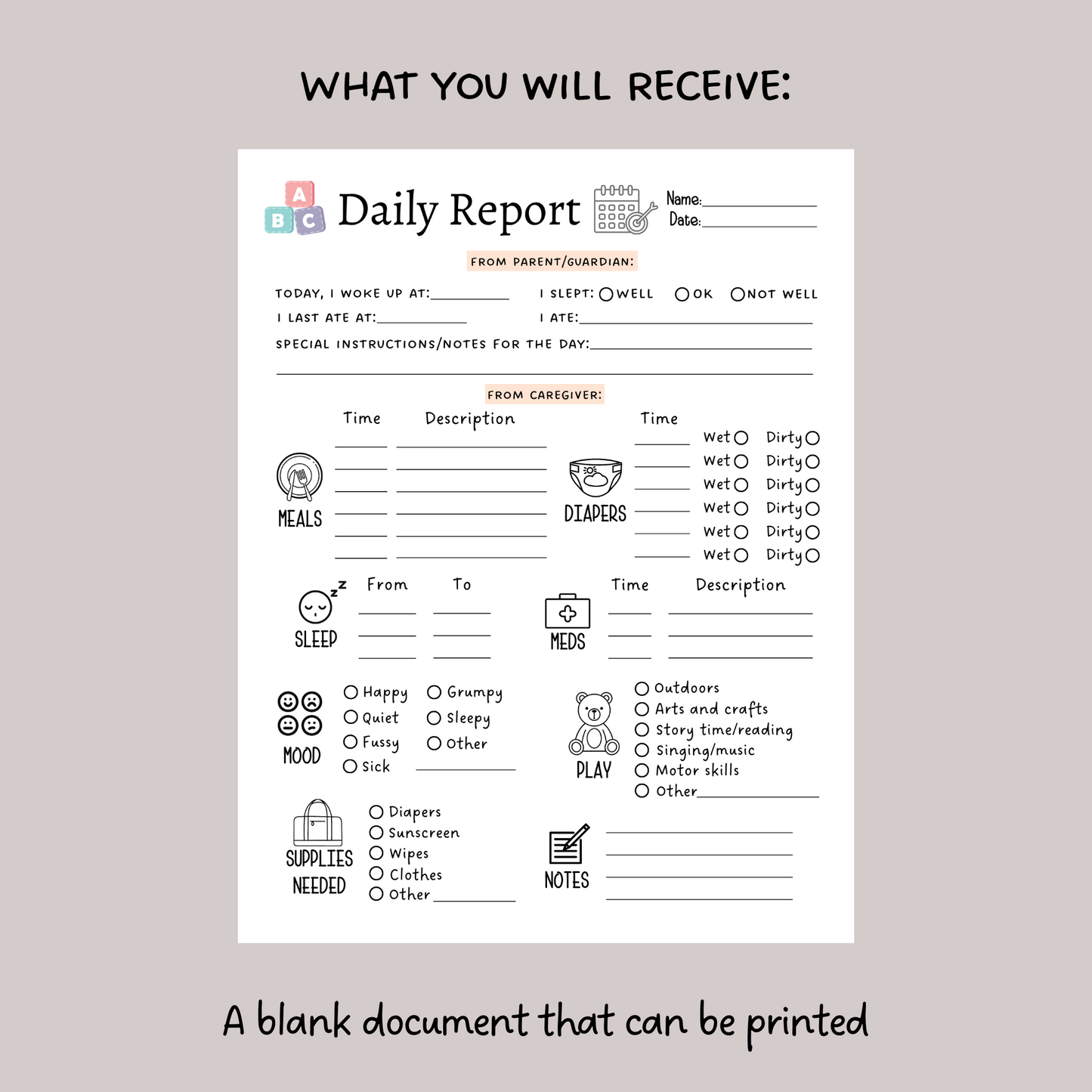 Daily Toddler Log Printable, Infant Baby Schedule for Preschool/ Babysitter