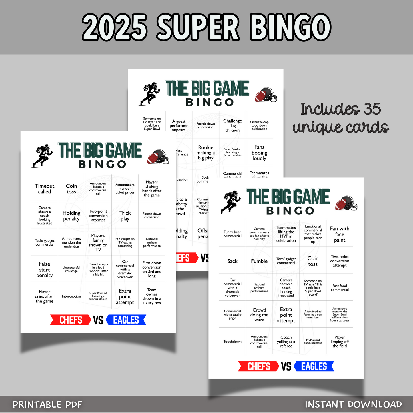 2025 Football Bingo Super Bowl Sunday Big Game Family Watch Party Tailgate Printable Activity LIX 59 Adults & Kids Kansas City Philadelphia