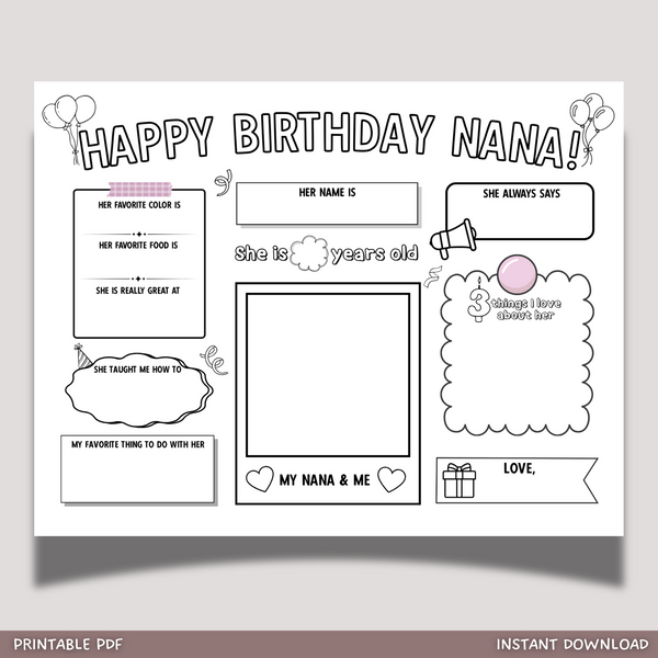 Happy Birthday Nana Coloring Page Printable, DIY Gift from Kids All Ab ...