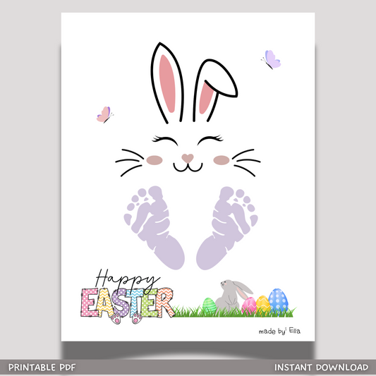 Happy Easter Bunny Footprint Craft for Kids Printable, DIY Handprint Art Keepsake Activity Baby Toddler Preschool Pre-K
