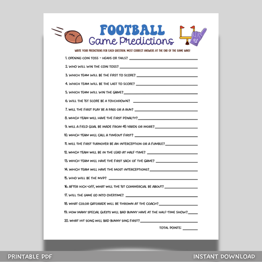 2026 Football Predictions Game Printable Party Activity